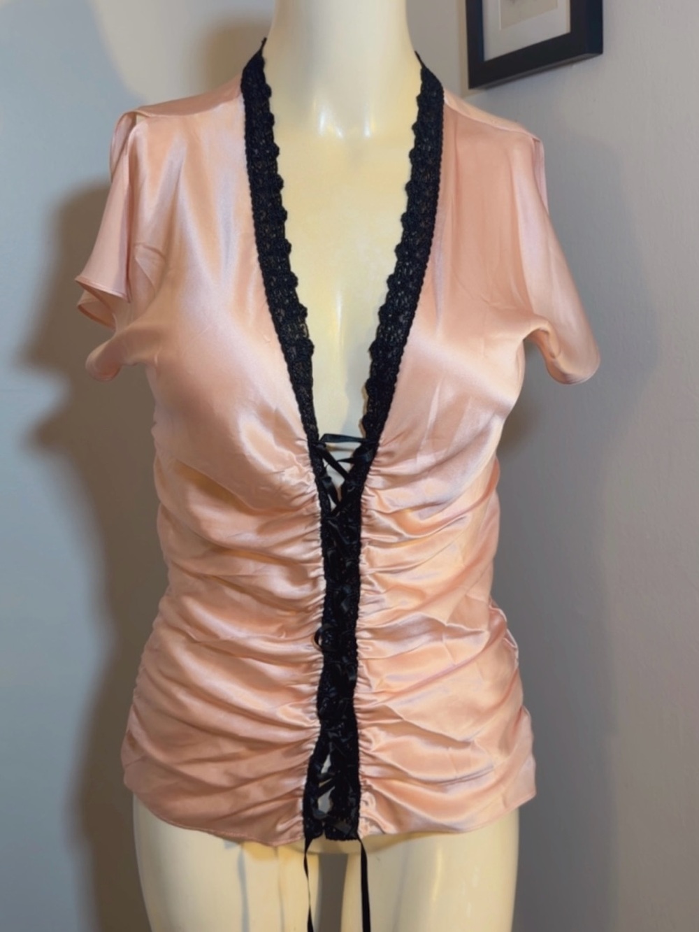 Express Size 9/10 Silk Pink & Black V-Neck Short Sleeve Blouse Lace Trim